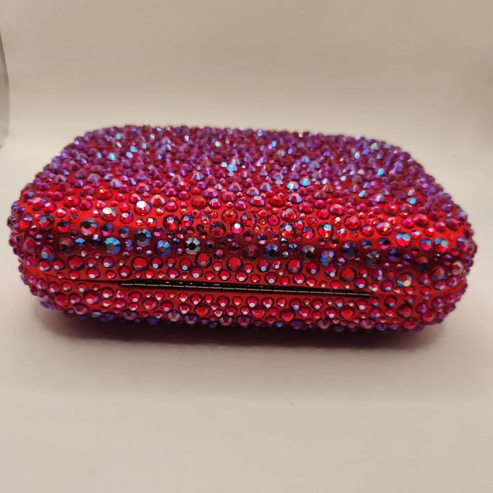 New Olga Berg Casey Hot Fix Crystal Clutch Fuchsia Evening Formal Fancy Red A